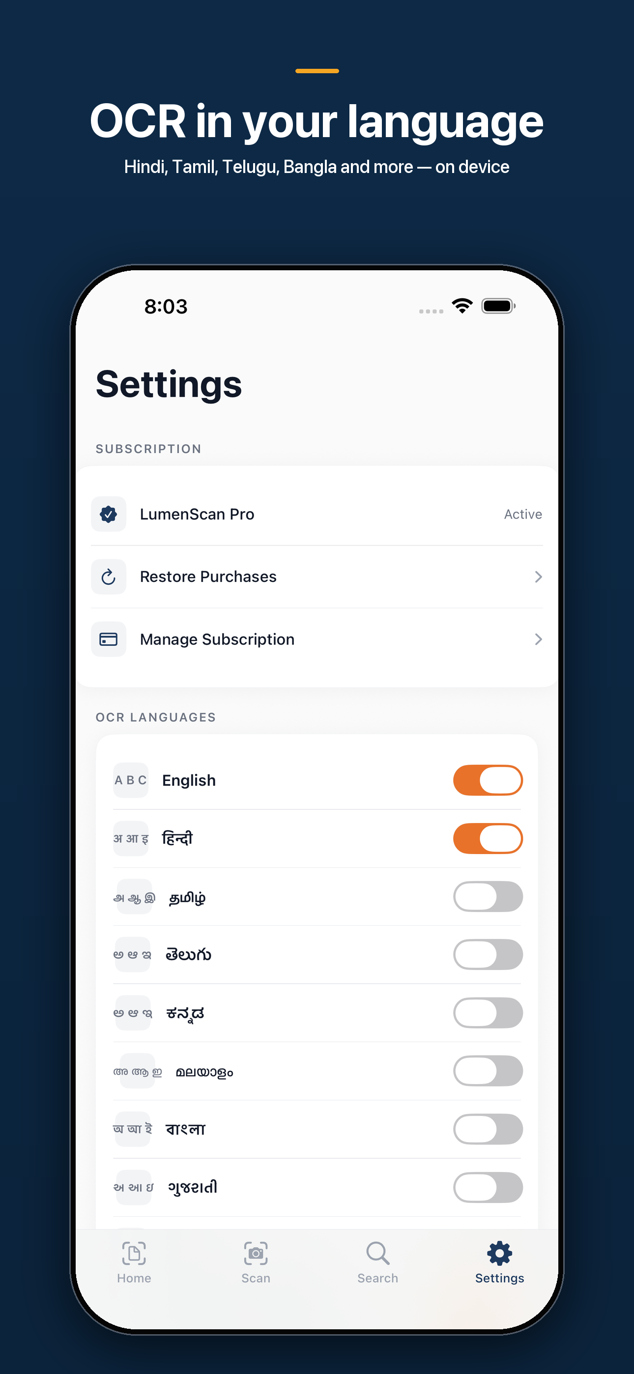 On-device OCR across Indian scripts